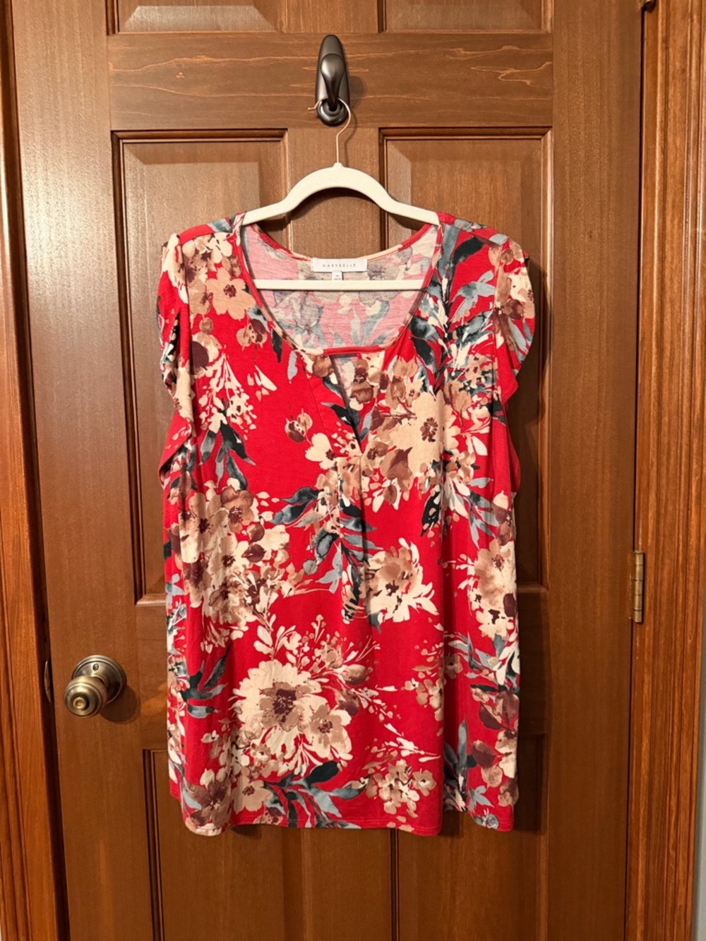 Patch Pocket Floral V-Neck Short Sleeve Blouse in Red by Sonoma